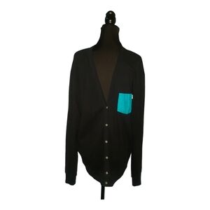 Apliiq Men's Black V-neck Knitted Button Up Cardigan Sweater Blue Front Pocket